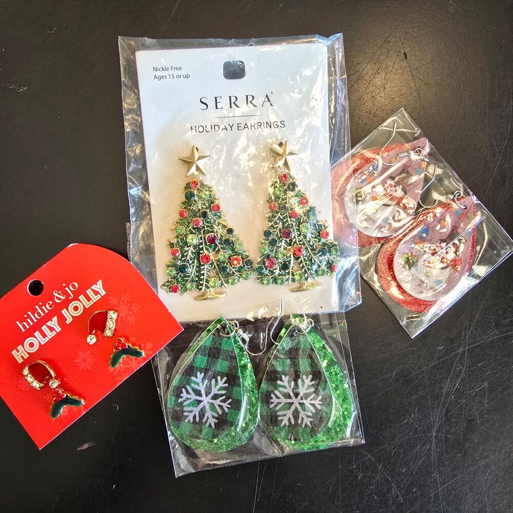 5 Christmas Earrings NEW Tree with rhinestones Santa Hat holly Snowman snow